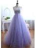 Ivory Lace Purple Tulle Long Prom Dress